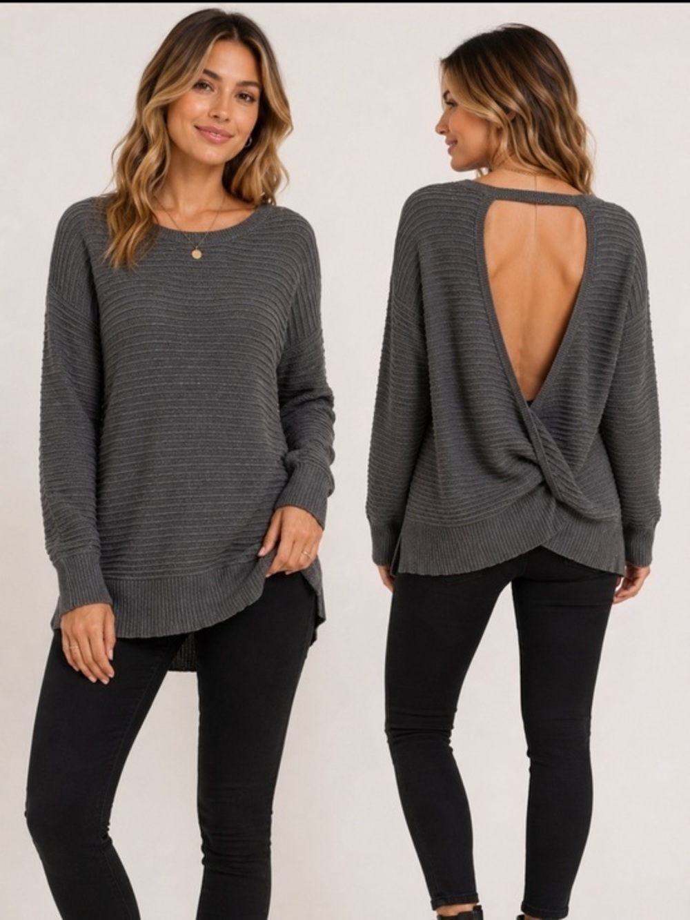 Soho Jeans Gray Ribbed Open Back Sweater Medium Lightweight Knit